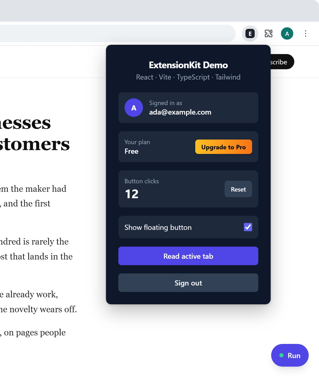 Chrome showing an article page with the ExtensionKit popup open from the toolbar: signed in as ada@example.com on the Free plan, with an Upgrade to Pro button.