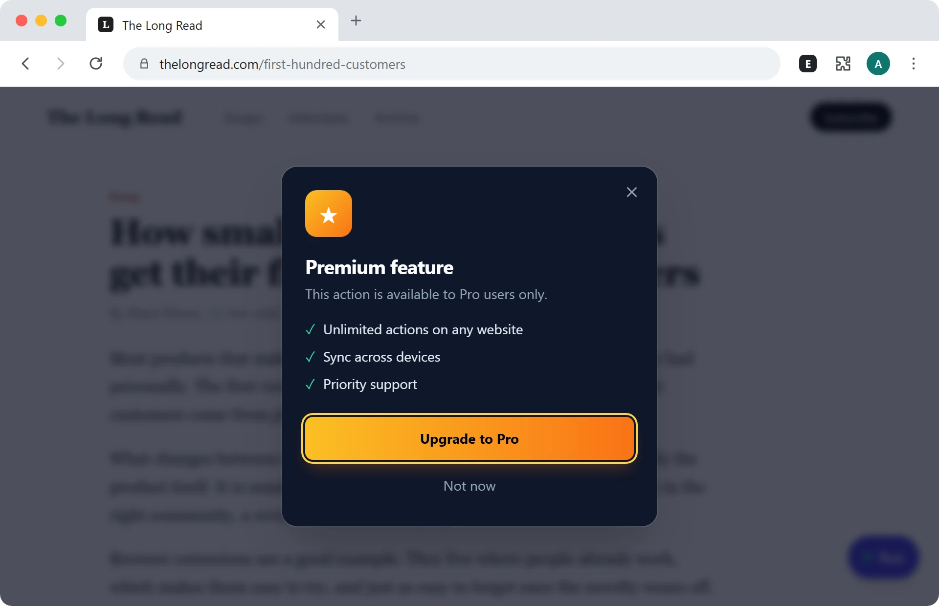 The ExtensionKit paywall dialog over an article: Premium feature, a list of Pro benefits and an Upgrade to Pro button.